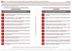 10 things we should know about each other: Academics & Humanitarians